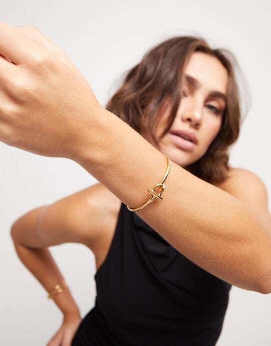 Bangle bracelet with white topaz, Golden, large